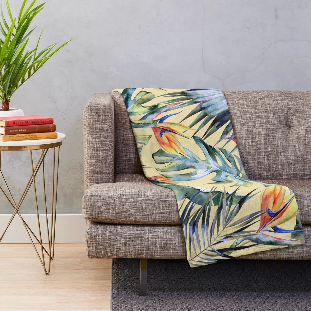 Tropical garden 4 plush blanket with watercolor leaves, bird of paradise, and monstera plant