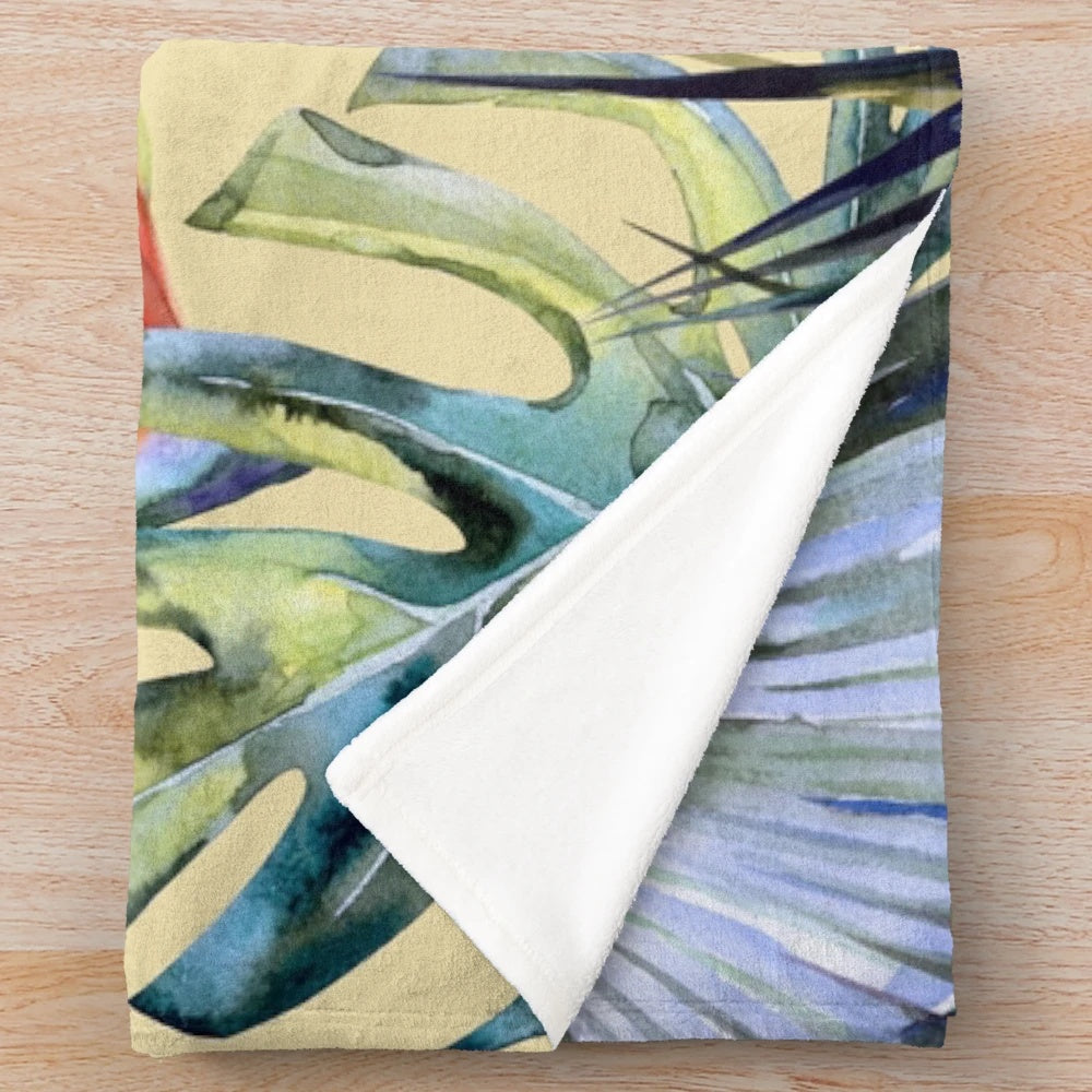 Tropical garden 4 plush blanket with watercolor leaves, bird of paradise, and monstera plant