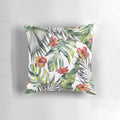 Colorful tropical garden themed decorative throw pillows featuring watercolor leaves, birds of paradise, and monstera plants