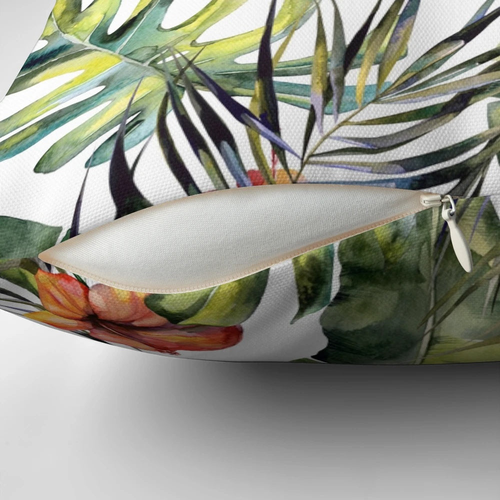Colorful tropical garden themed decorative throw pillows featuring watercolor leaves, birds of paradise, and monstera plants