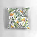 Tropical garden themed decorative pillow cover featuring vibrant watercolor leaves, birds of paradise, and palm fronds.