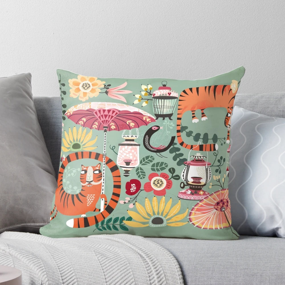 Colorful tropical garden pillow featuring a tiger and lush foliage design