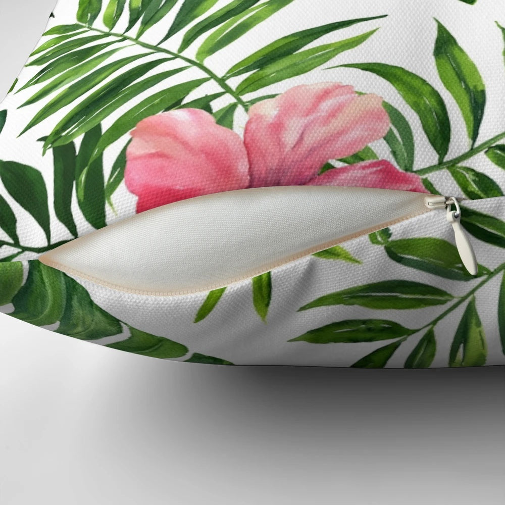Lush tropical hibiscus flower pattern printed on a high-quality pillow for a refreshing, botanical look.