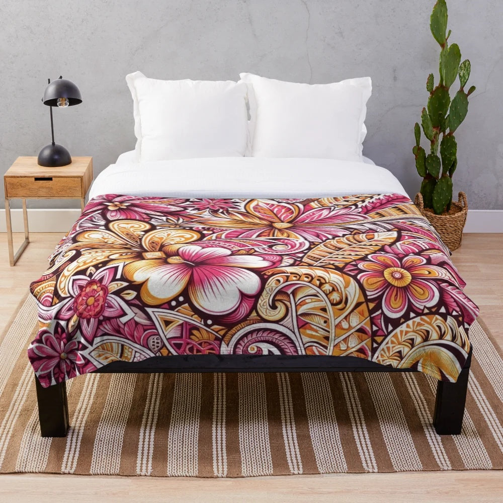 Vibrant tropical island-inspired plush blanket with floral design