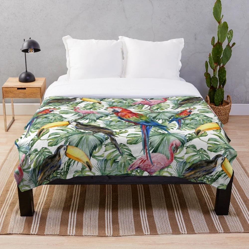 Tropical plush blanket with watercolor jungle pattern and exotic birds