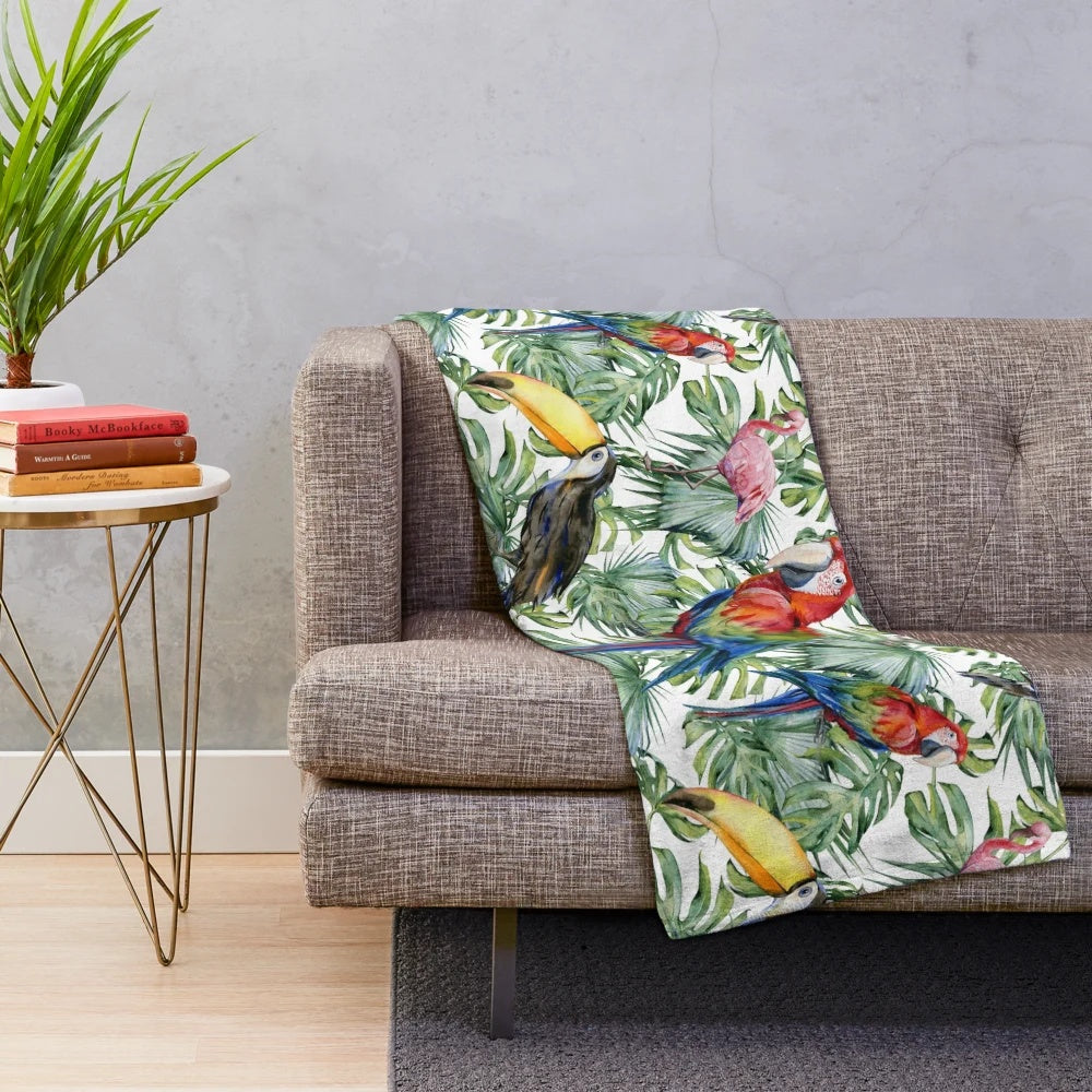 Tropical plush blanket with watercolor jungle pattern and exotic birds
