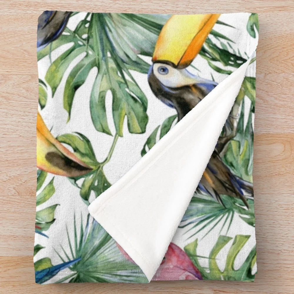 Tropical plush blanket with watercolor jungle pattern and exotic birds