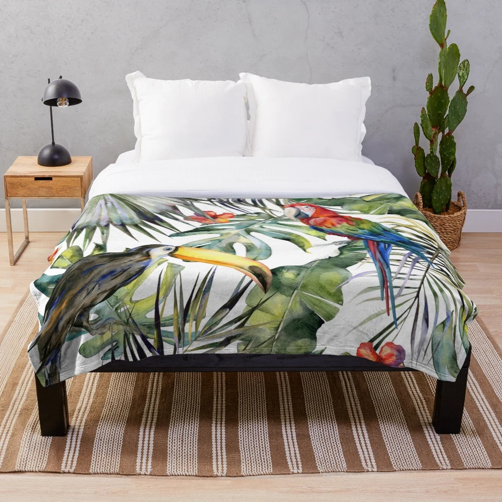 Tropical jungle plush blanket with watercolor design featuring birds and flowers