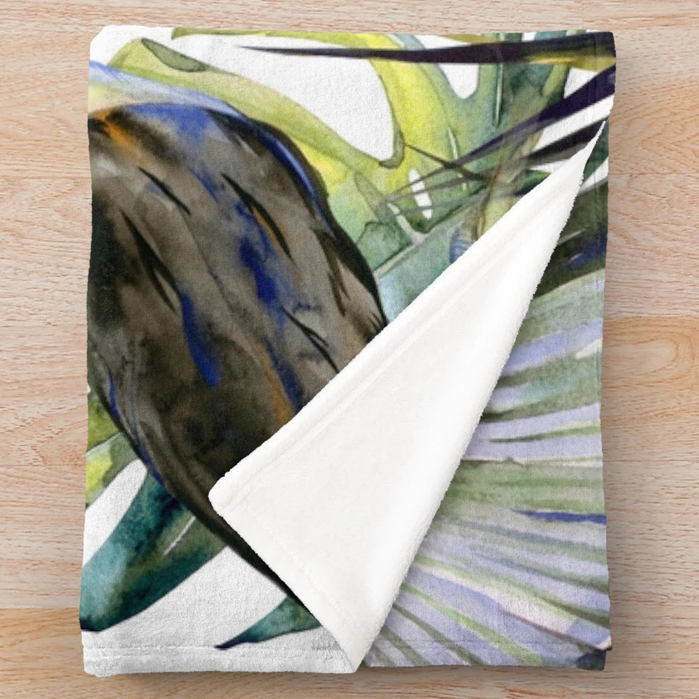 Tropical jungle plush blanket with watercolor design featuring birds and flowers