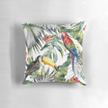 A vibrant throw pillow featuring a tropical jungle scene with watercolor birds, leaves, and flowers.