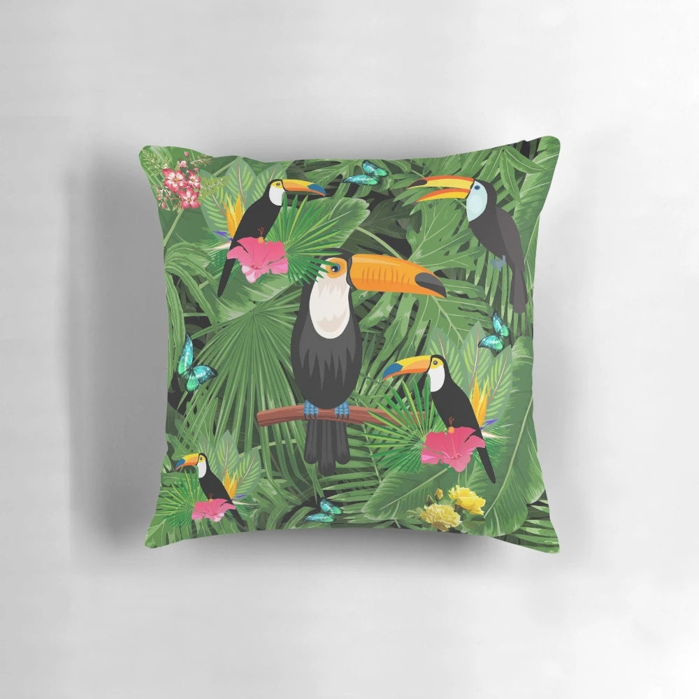 Toucan and tropical leaf pattern design on a plush, nature-inspired pillow