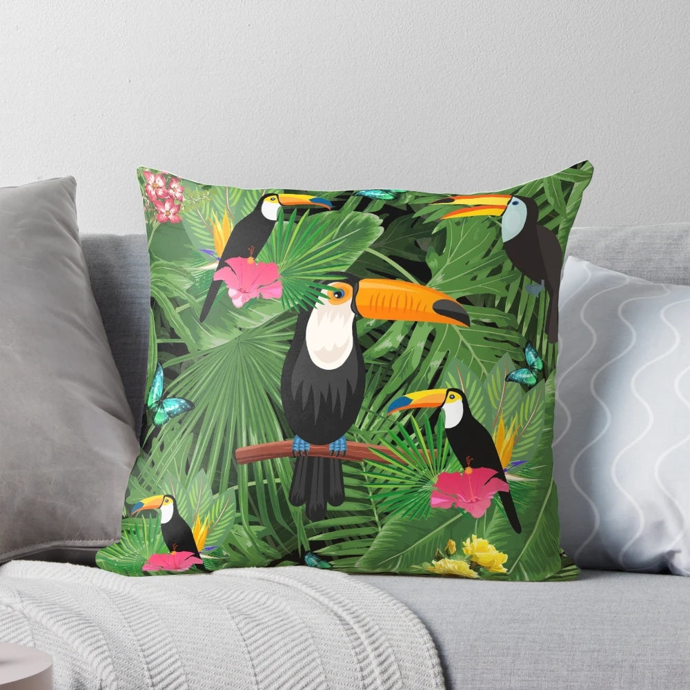 Toucan and tropical leaf pattern design on a plush, nature-inspired pillow