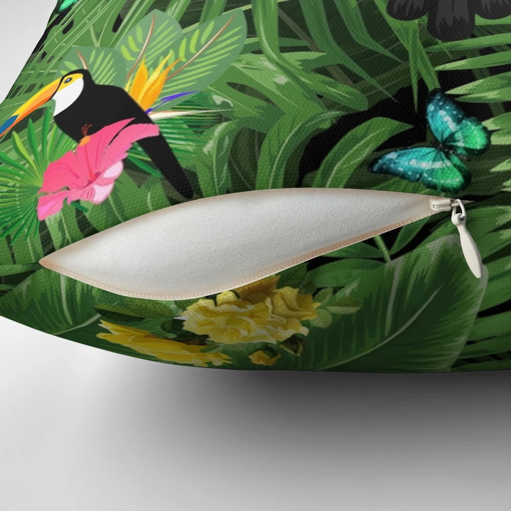 Toucan and tropical leaf pattern design on a plush, nature-inspired pillow