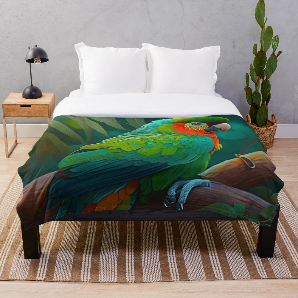 Lush green and colorful tropical parrot plush blanket