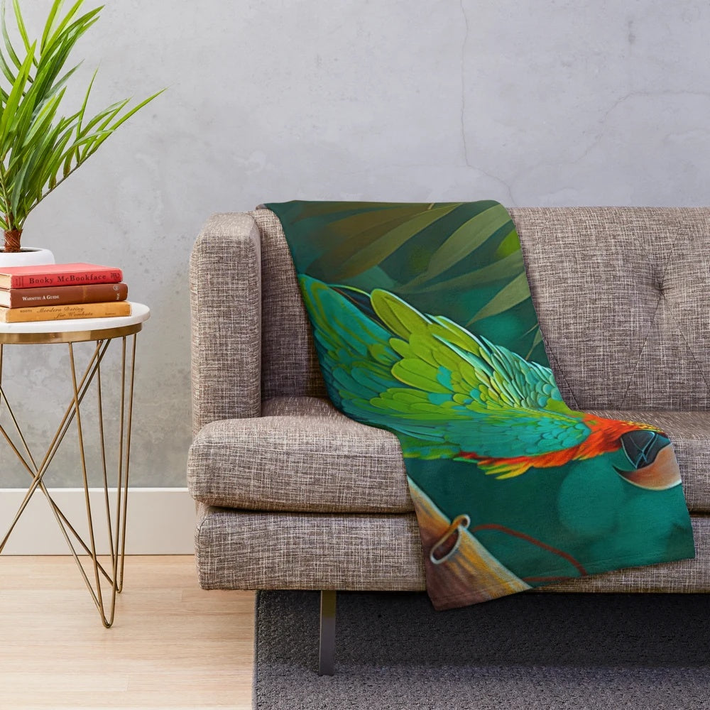 Lush green and colorful tropical parrot plush blanket