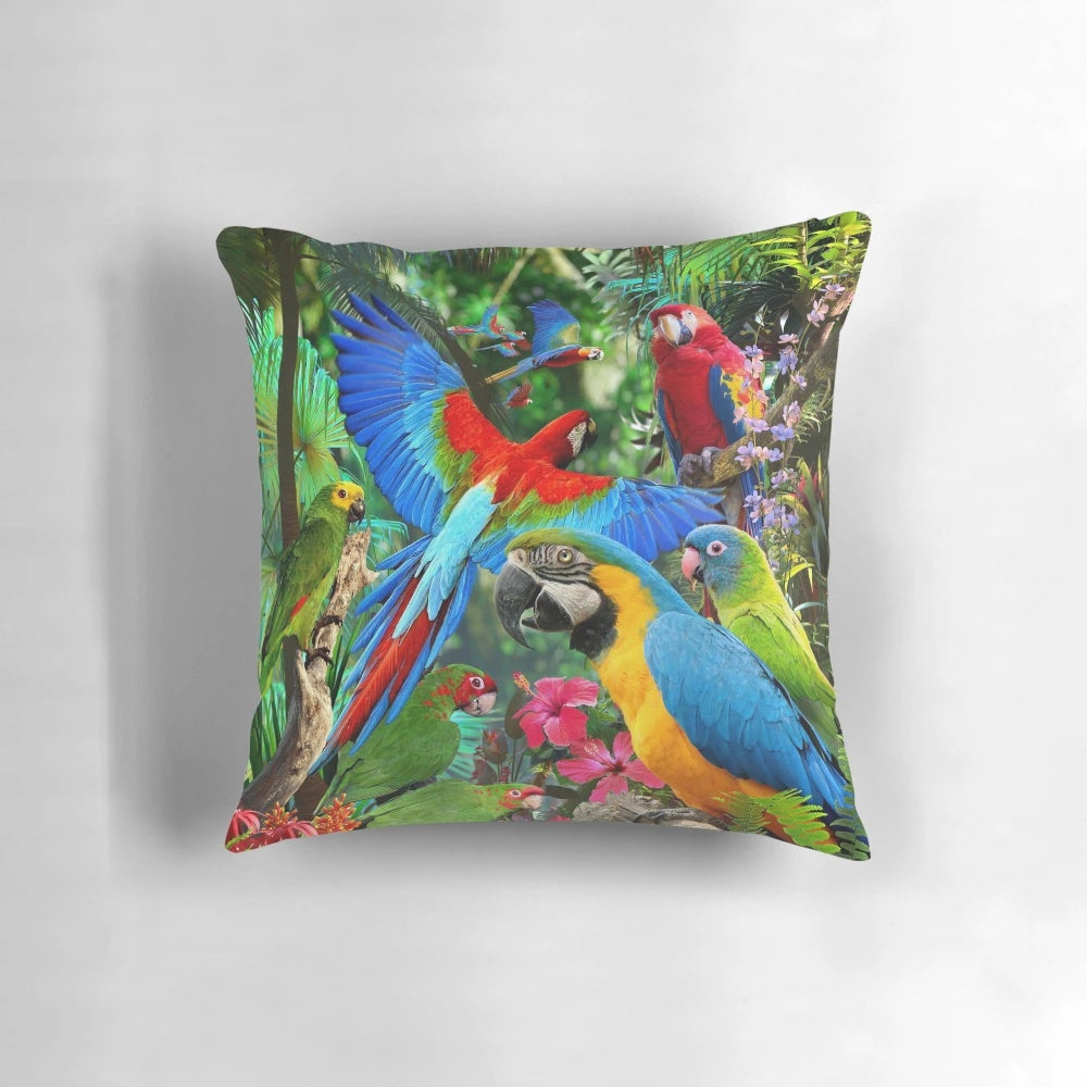 Vibrant tropical parrot decorative throw pillow with colorful bird design