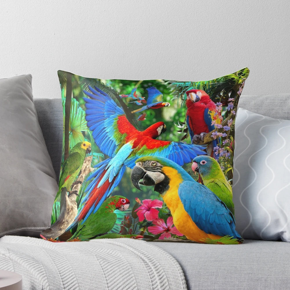 Vibrant tropical parrot decorative throw pillow with colorful bird design