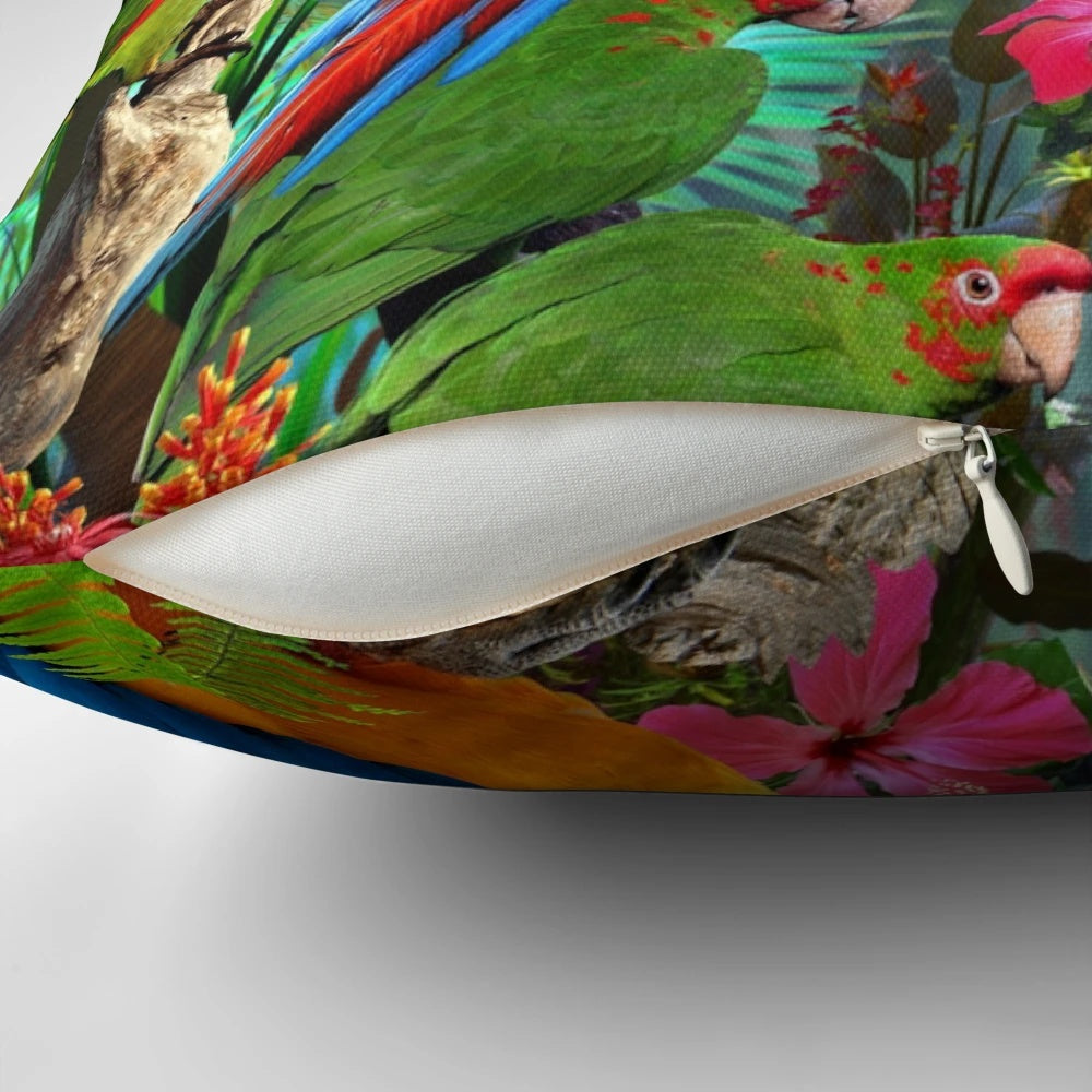 Vibrant tropical parrot decorative throw pillow with colorful bird design