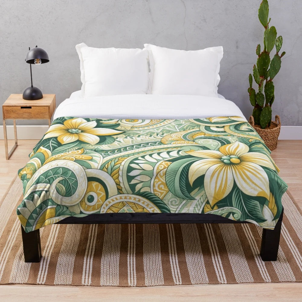Cozy plush blanket featuring a vibrant tropical design with polynesian art influences