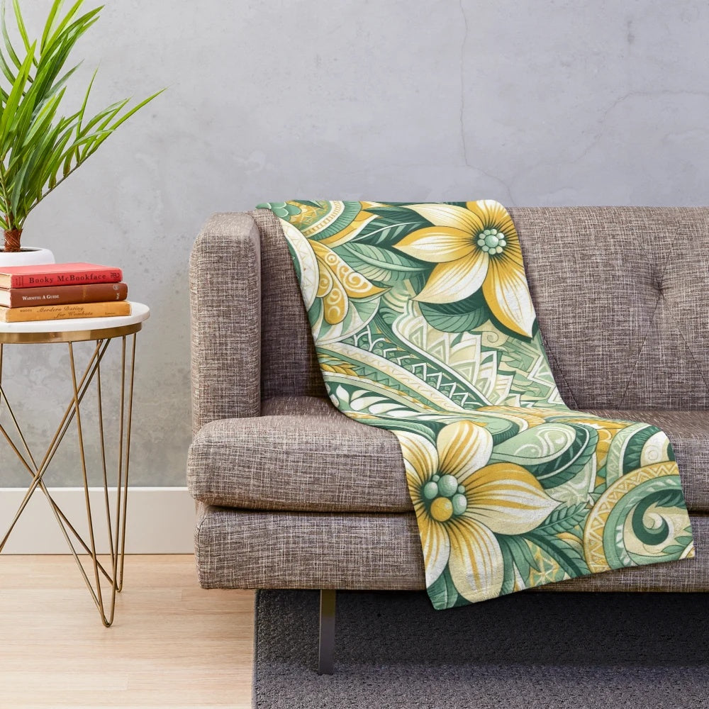 Cozy plush blanket featuring a vibrant tropical design with polynesian art influences