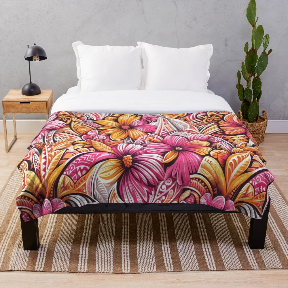 Tropical plush blanket with vibrant floral and polynesian art patterns