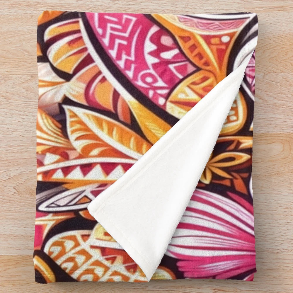 Tropical plush blanket with vibrant floral and polynesian art patterns