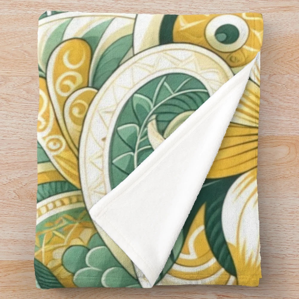 Cozy plush blanket featuring a vibrant tropical design with polynesian art influences