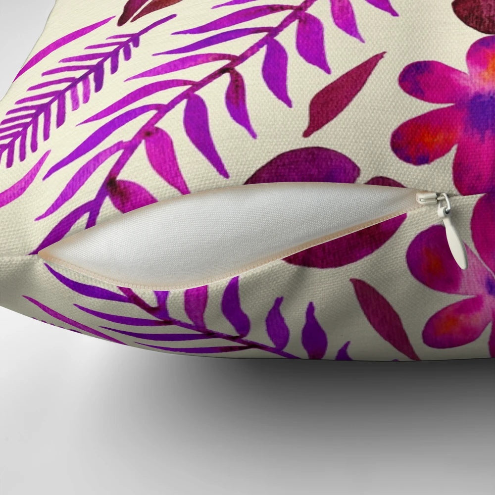 Tropical-inspired magenta throw pillow with symmetrical pattern, perfect for adding a touch of wanderlust to your home decor.