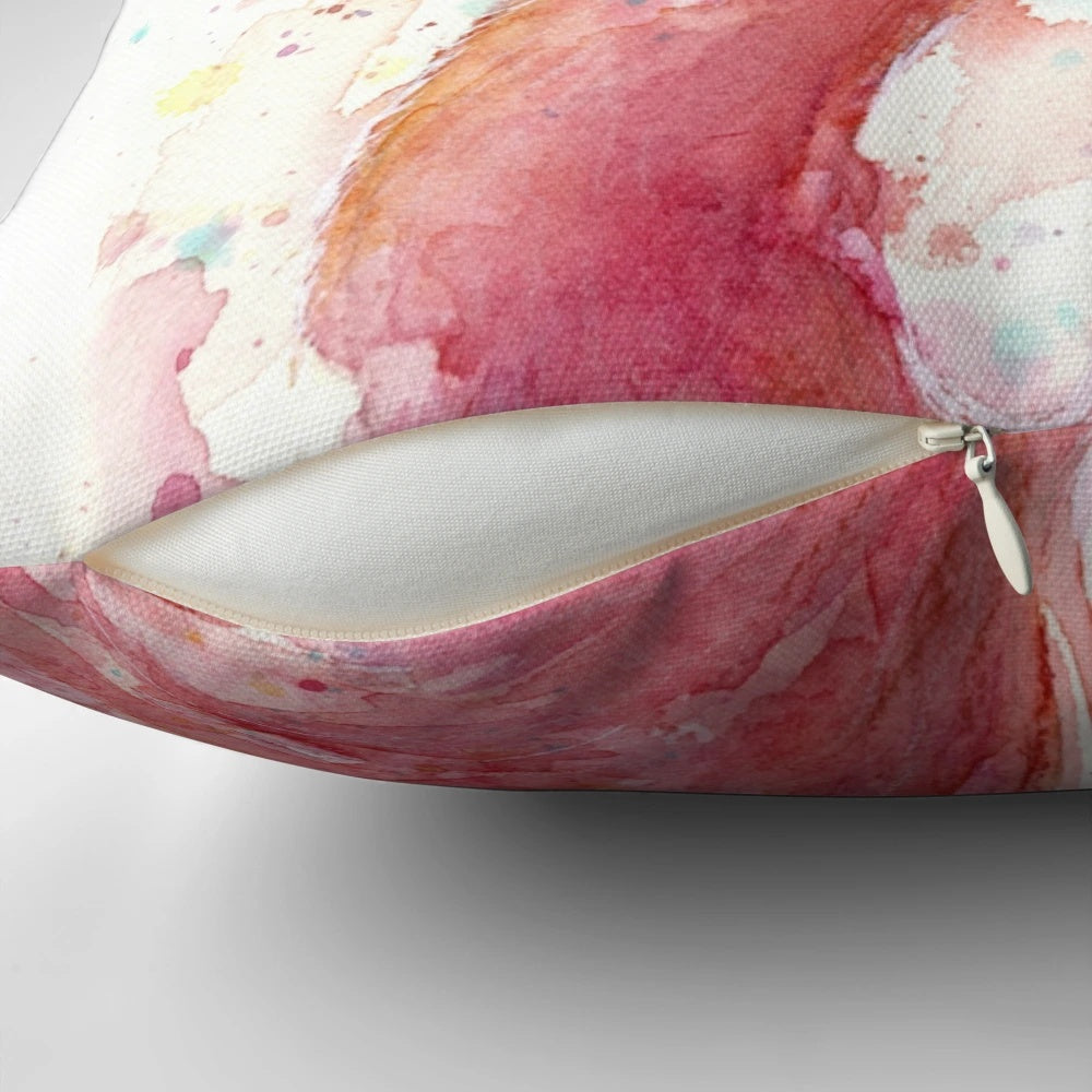 A beautiful watercolor painting of a pink flamingo on a decorative throw pillow.