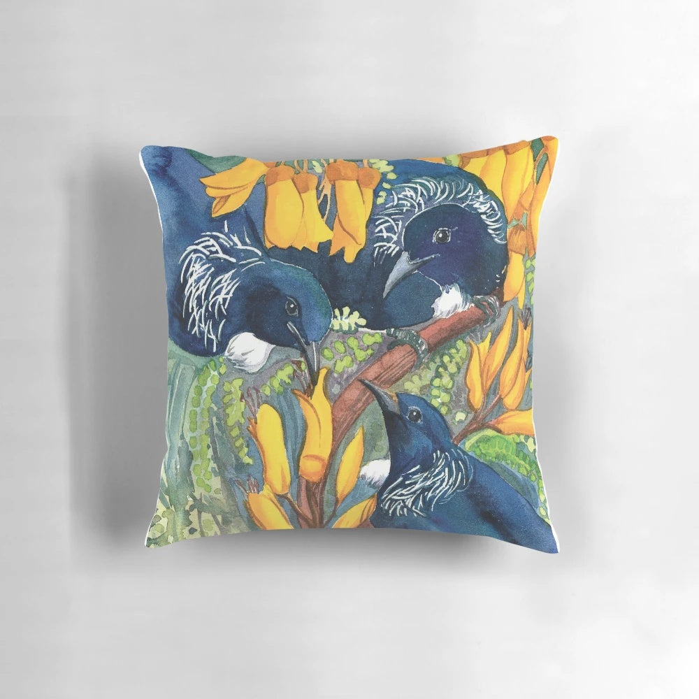 Watercolor illustration of a vibrant tui bird perched on a kowhai tree branch.