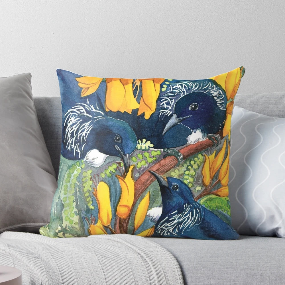 Watercolor illustration of a vibrant tui bird perched on a kowhai tree branch.