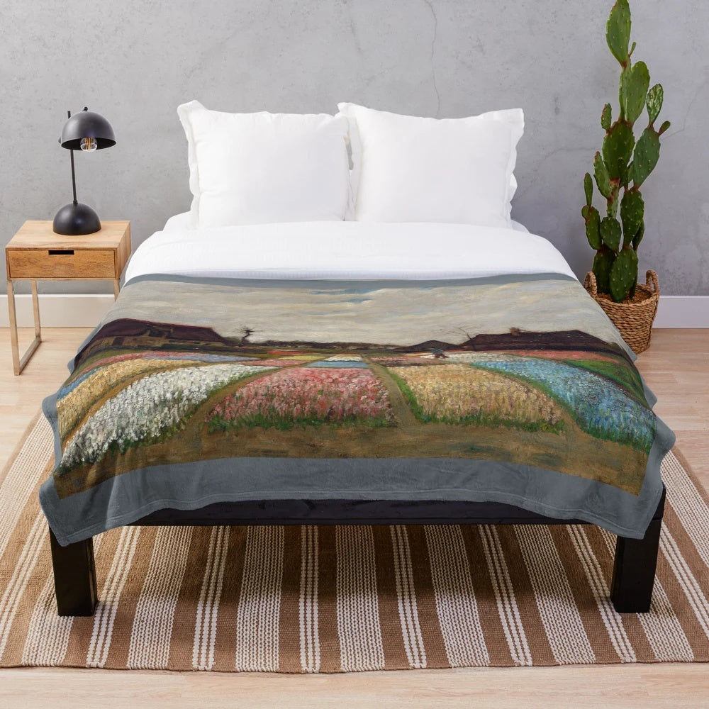 Plush blanket featuring a vibrant tulip field landscape inspired by the art of Vincent Van Gogh