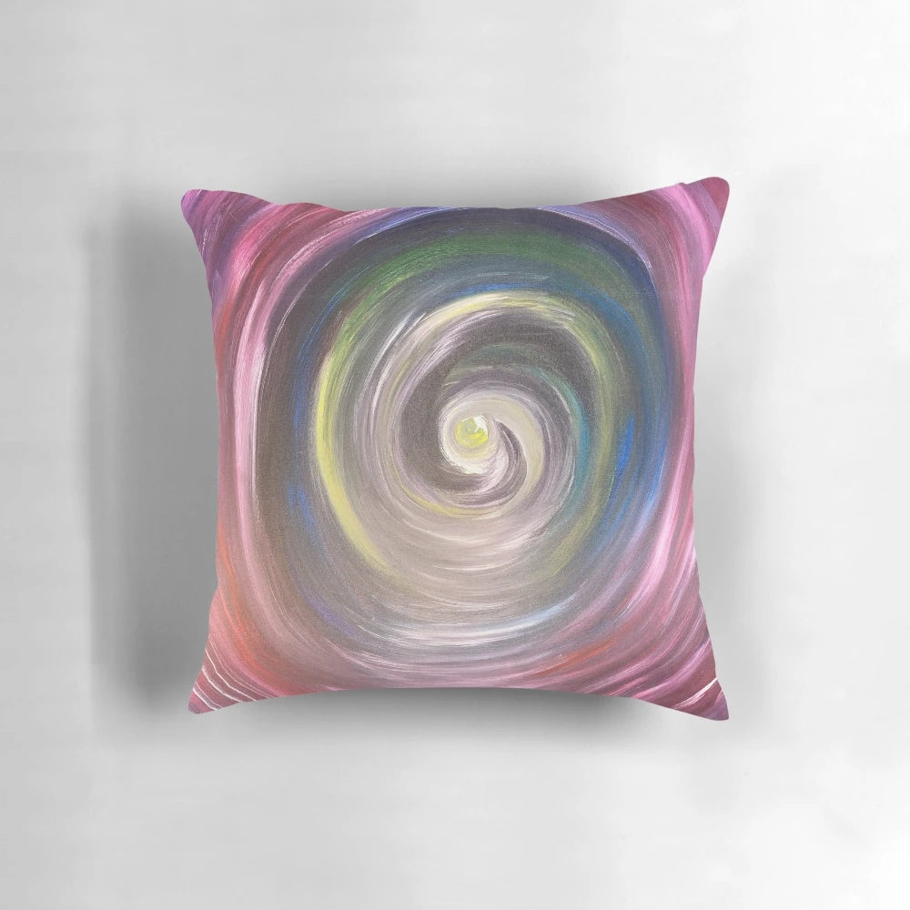 Colorful abstract acrylic painting of a tunnel on a pillow, representing the journey of life.