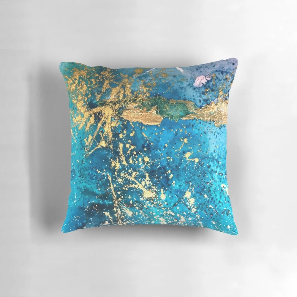 Vibrant turquoise and gold abstract design decorative throw pillow