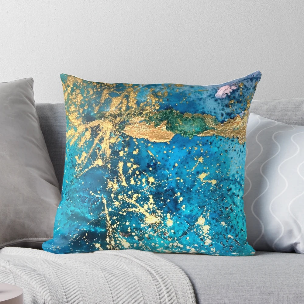 Vibrant turquoise and gold abstract design decorative throw pillow