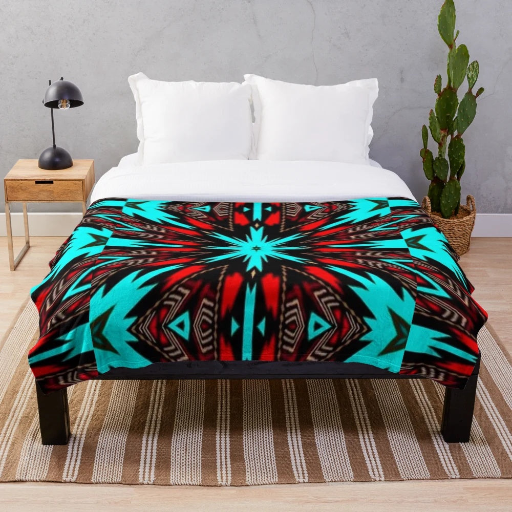 Turquoise and red native american pattern plush blanket