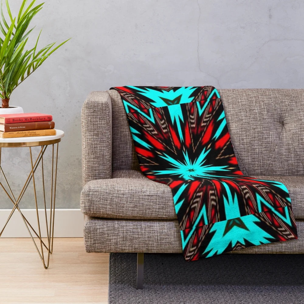 Turquoise and red native american pattern plush blanket