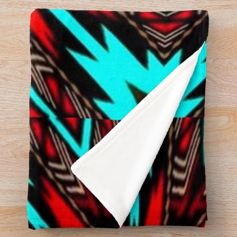 Turquoise and red native american pattern plush blanket