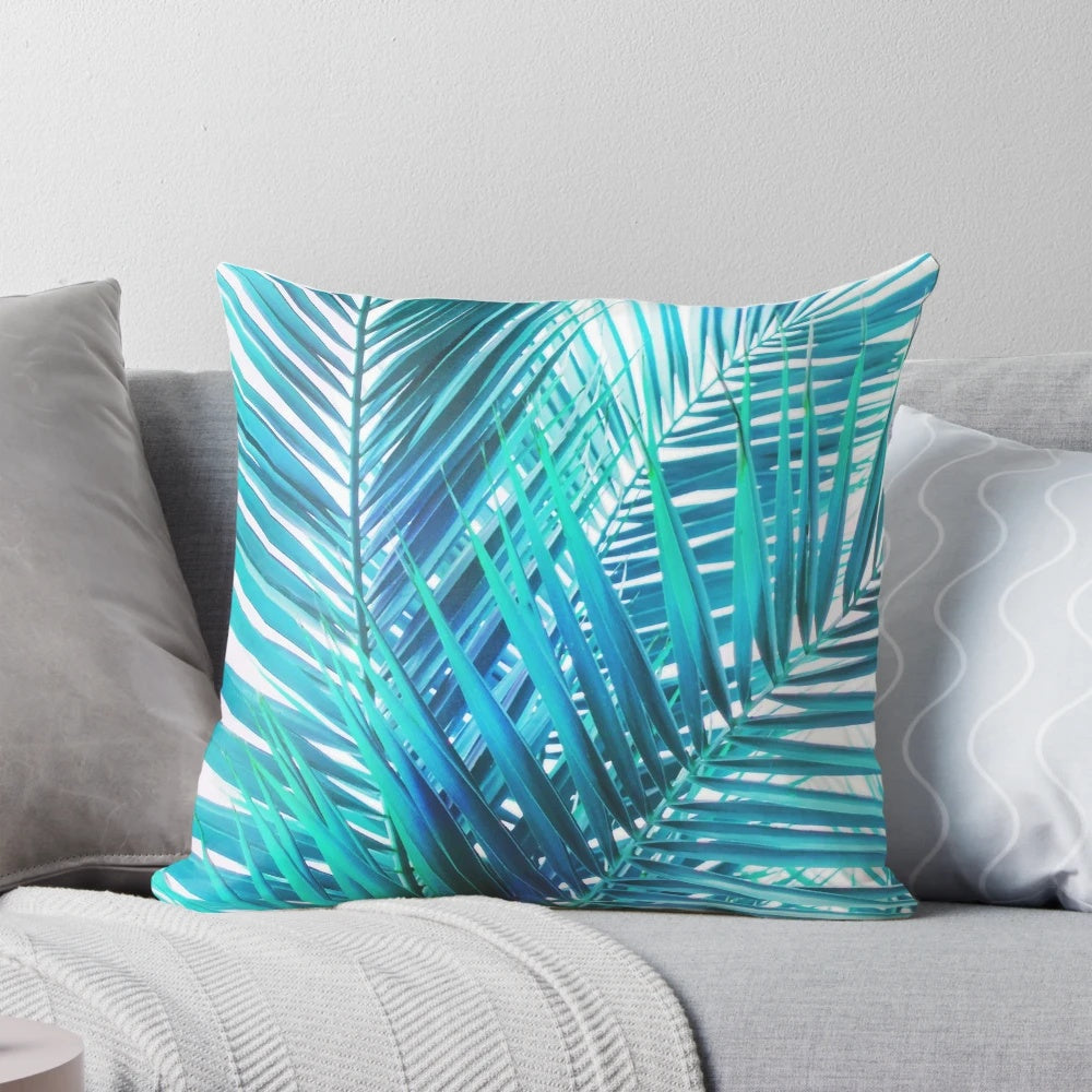 Turquoise palm leaves decorative throw pillow