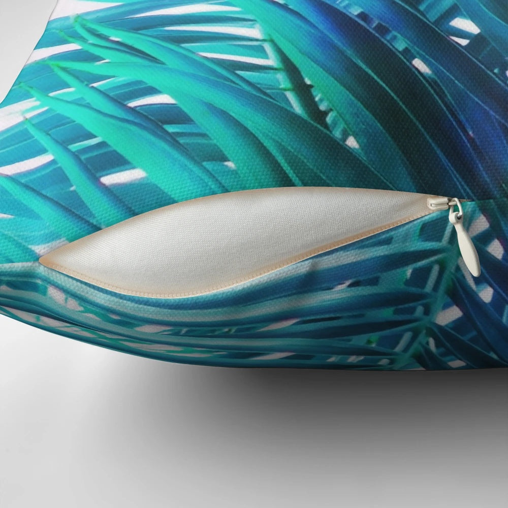Turquoise palm leaves decorative throw pillow