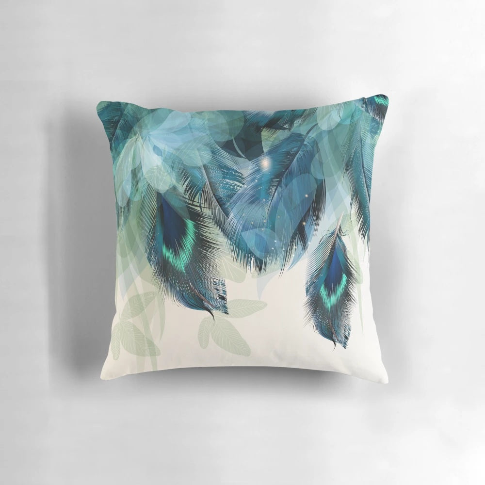 Turquoise peacock feather print accent pillow with a bohemian, nature-inspired design.