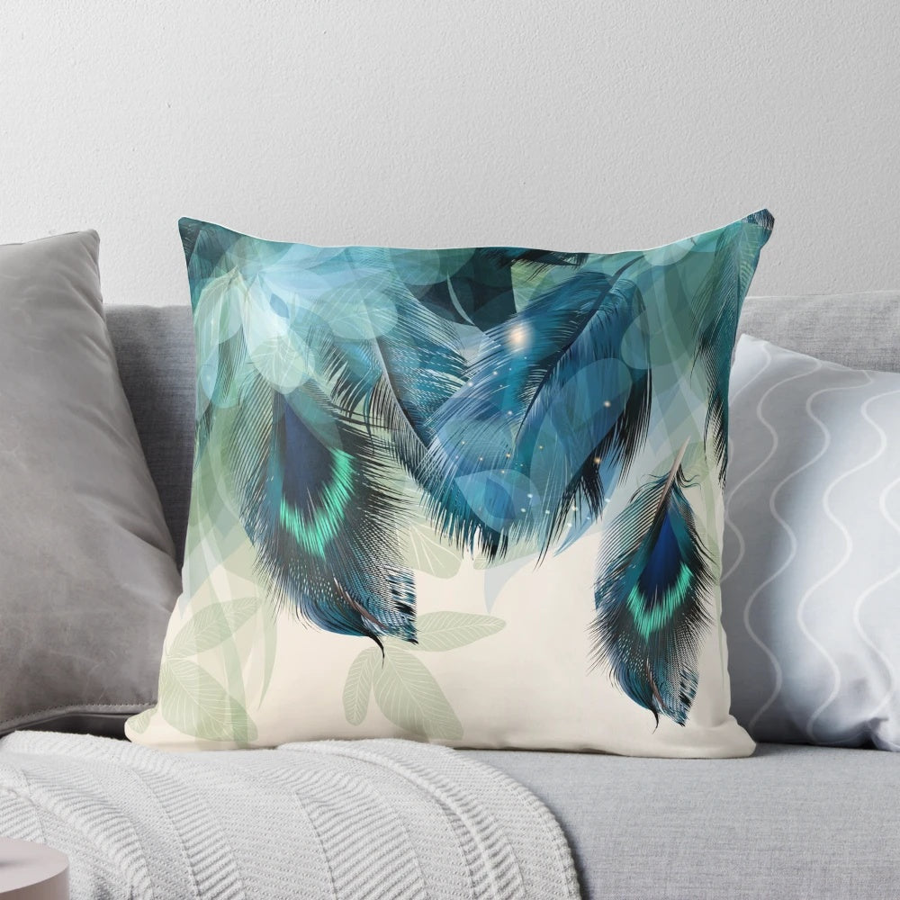 Turquoise peacock feather print accent pillow with a bohemian, nature-inspired design.