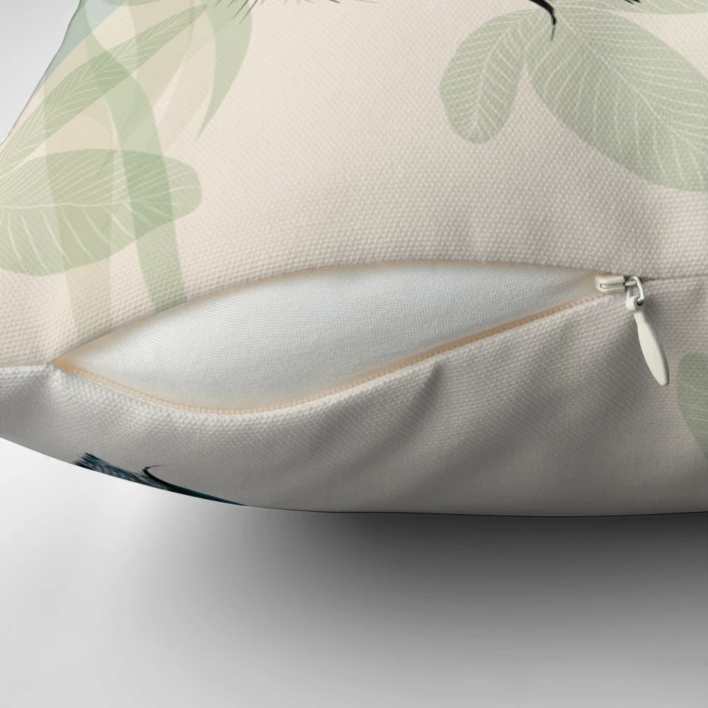 Turquoise peacock feather print accent pillow with a bohemian, nature-inspired design.