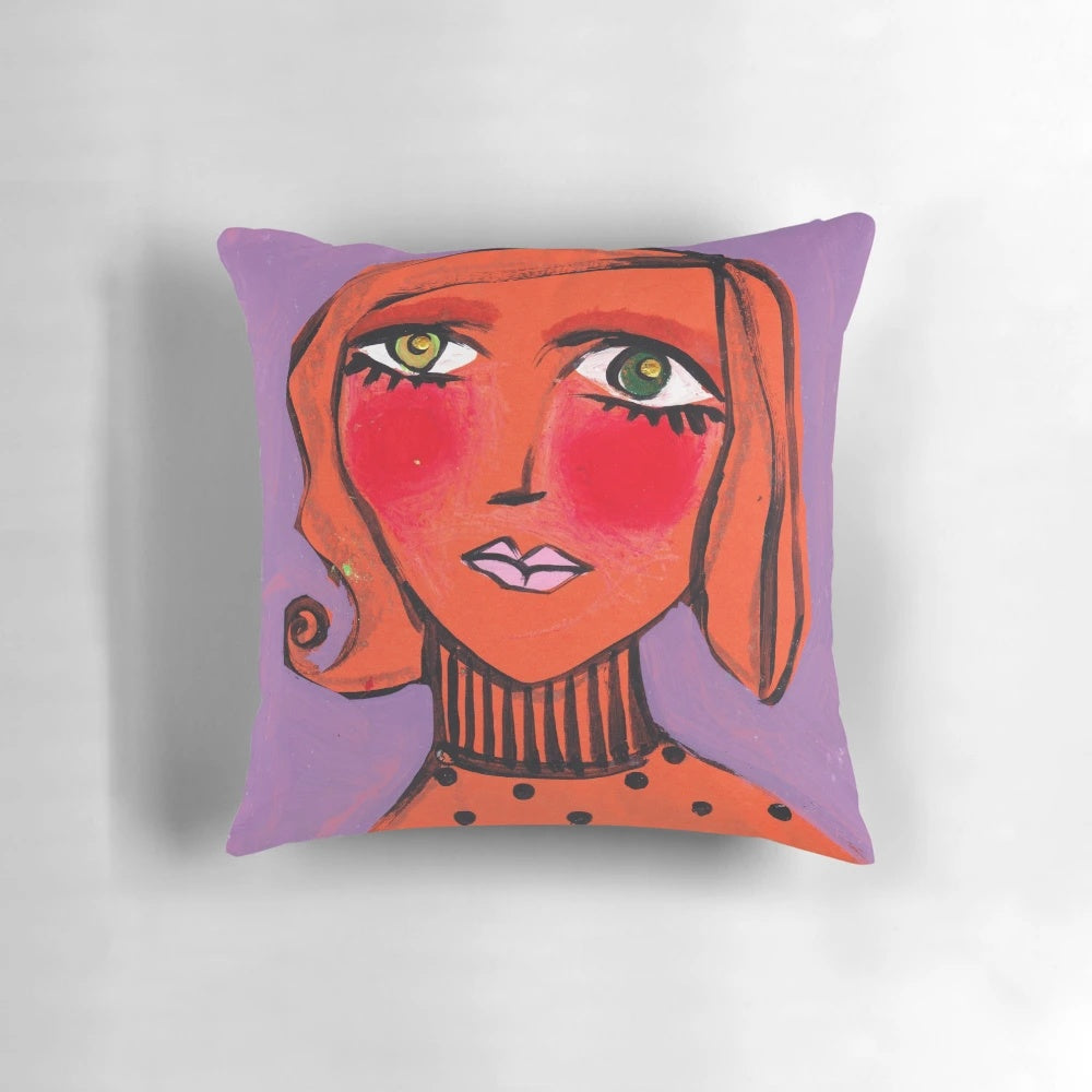 Colorful Twiggy-inspired pillow with tangerine and pastel tones, perfect for adding a touch of retro-chic style to your home.