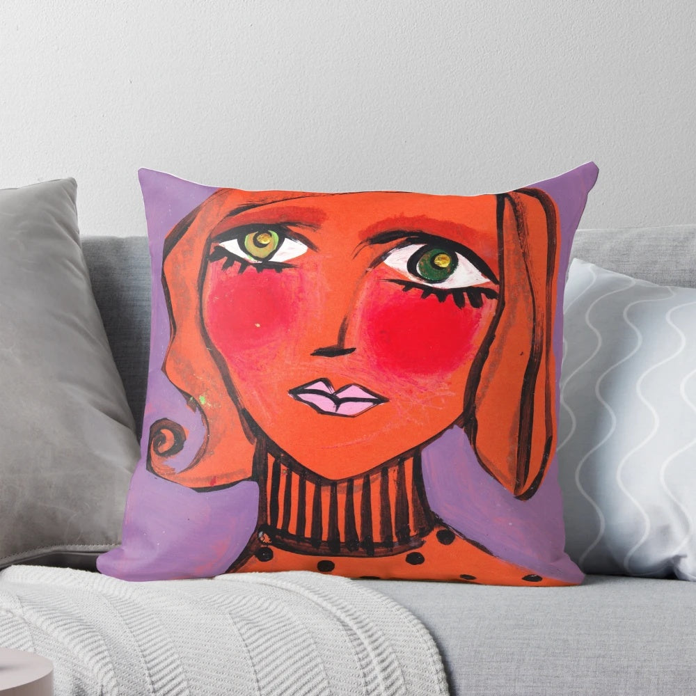 Colorful Twiggy-inspired pillow with tangerine and pastel tones, perfect for adding a touch of retro-chic style to your home.