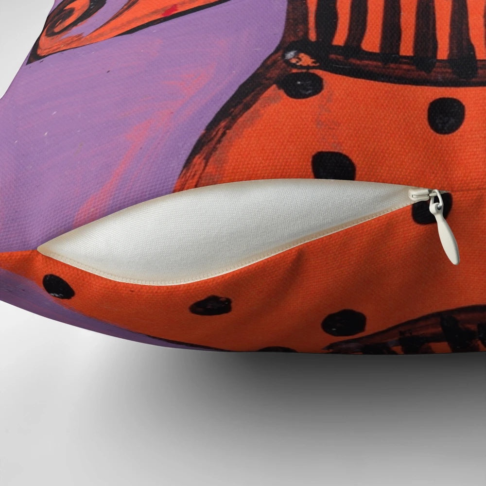Colorful Twiggy-inspired pillow with tangerine and pastel tones, perfect for adding a touch of retro-chic style to your home.