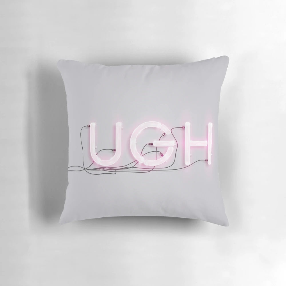 Striking pink neon "UGH" sign against a grey background, showcasing bold typography and modern graphic design