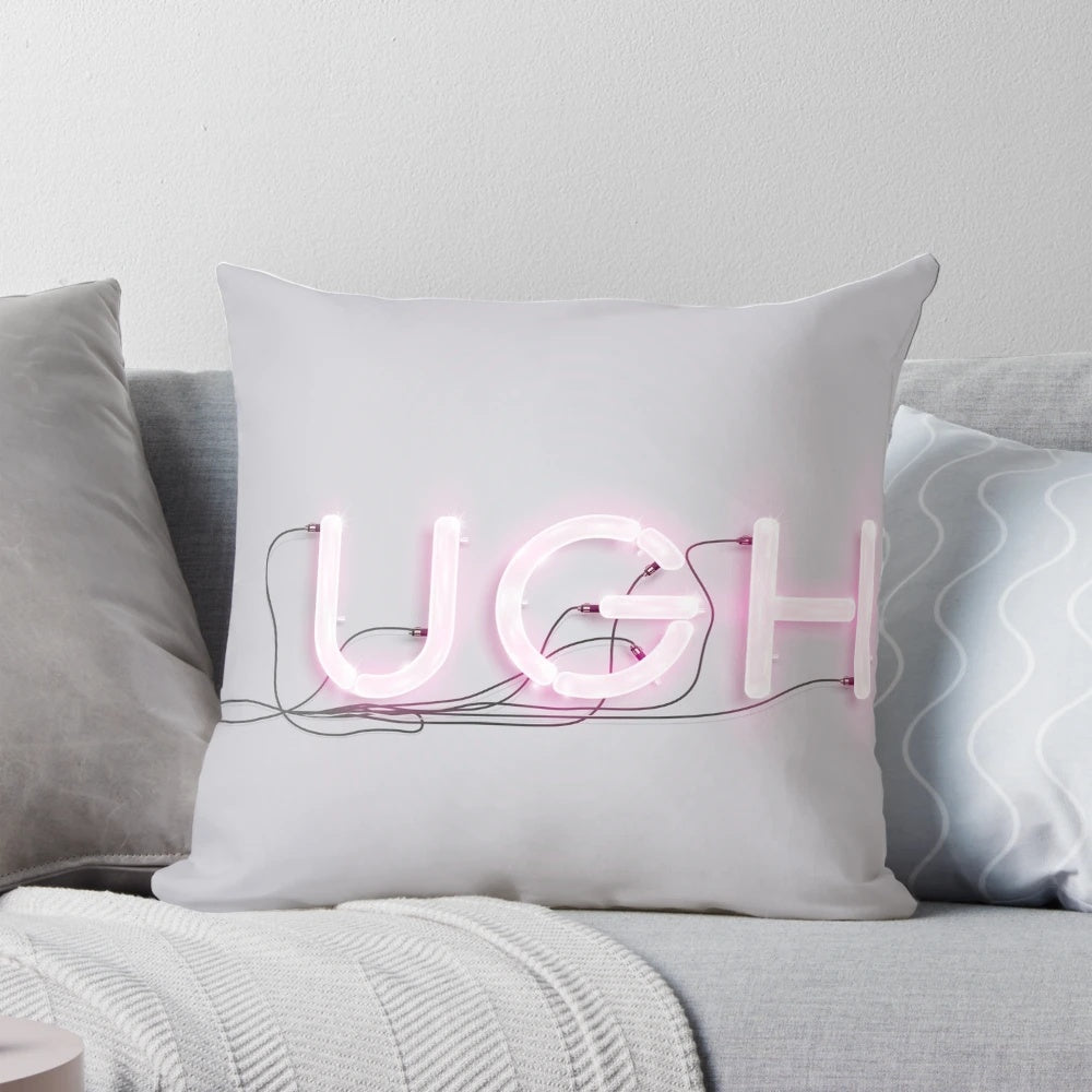 Striking pink neon "UGH" sign against a grey background, showcasing bold typography and modern graphic design