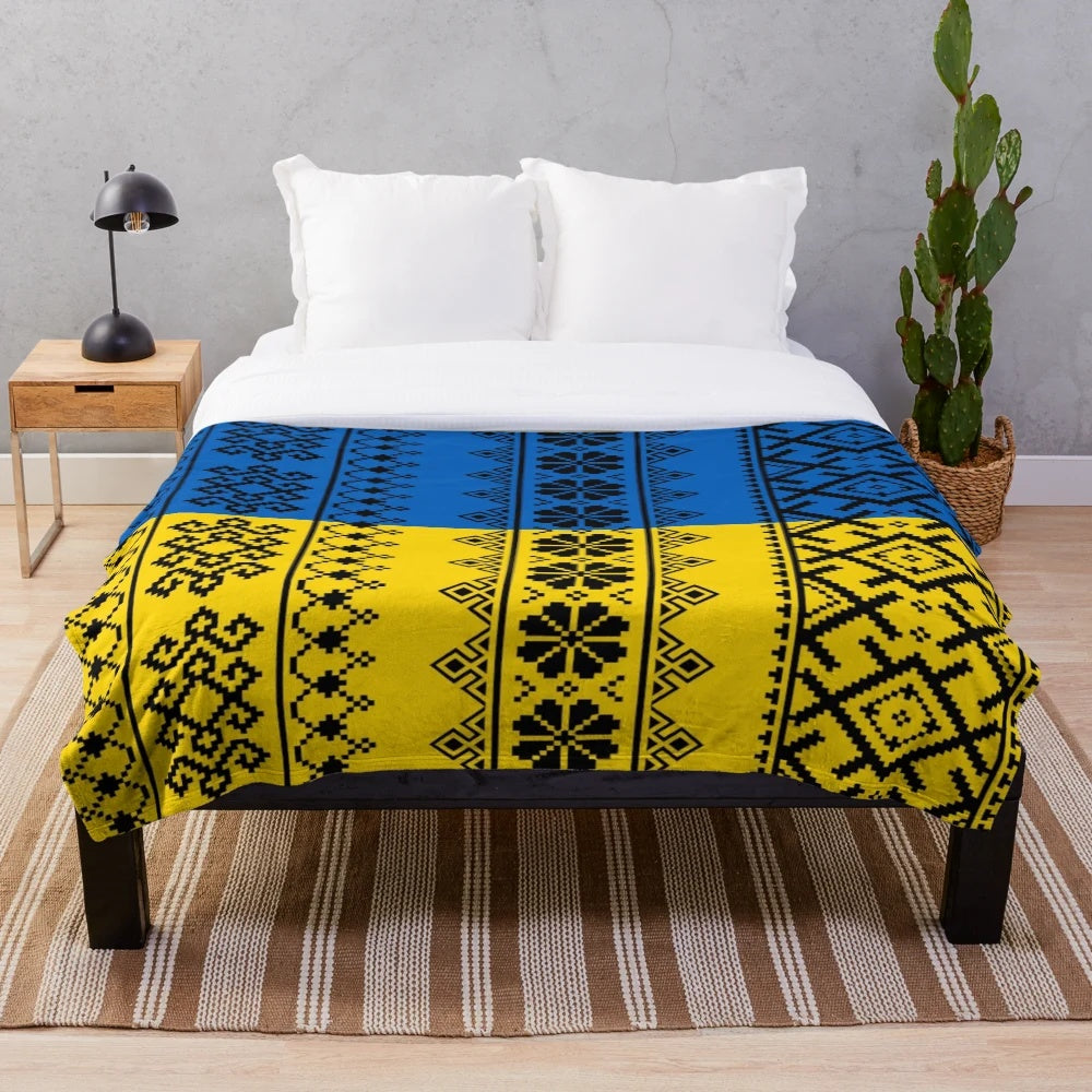 Ukrainian ethnic plush blanket with traditional Slavic ornaments and patterns