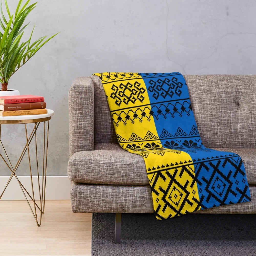 Ukrainian ethnic plush blanket with traditional Slavic ornaments and patterns